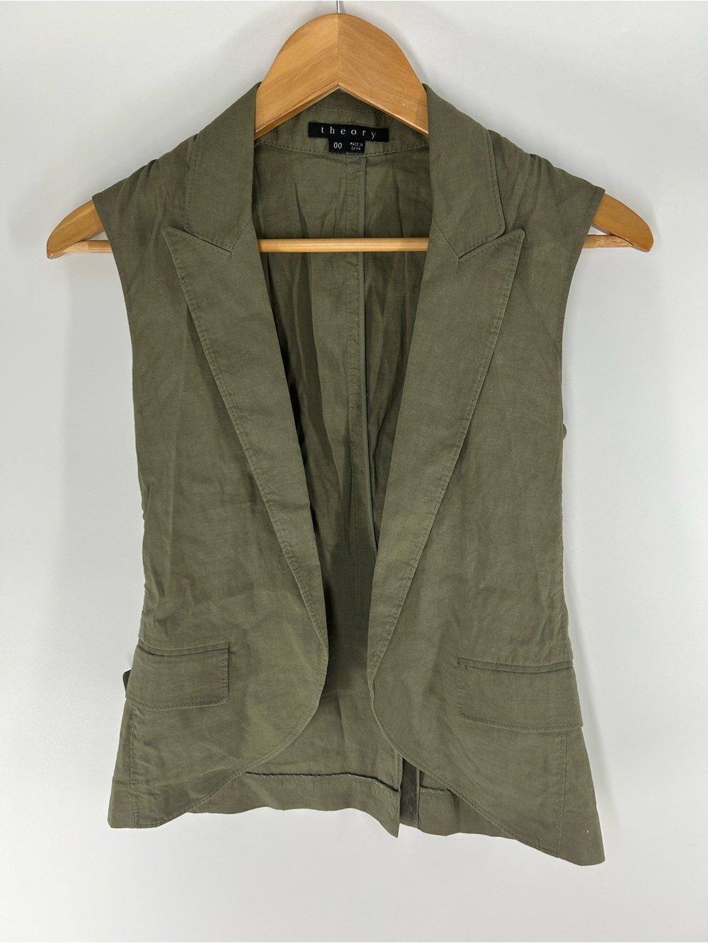 Theory Olive Linen Blend Sleeveless Tailored Blazer Vest Size 00